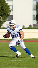 Saintsin Tommi Pinta oli ajoittain mahdoton pideltävä Butchersin puolustukselle. Viidellä kiinniotolla Pinta hankki joukkueelleen 60 jaardia ja yhden touchdownin.
Kuva: Sami Ranta