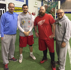 Tukimiesten valmentaja Antti Silvola (vas.), Velipekka Jaakonsaari, Antti Koppala ja puolustuksen koordinaattori Juha-Matti Jokinen aloittavat kautensa vierasottelulla Helsinki Wolverinesia vastaan 27. toukokuuta.