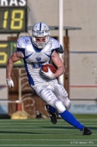 Saintsin keskushyökkääjä Dajon Newell jätti ottelun kesken avausneljänneksellä. Tuukka Lehtonen (12) otti päävastuun keskushyökkääjän tontista ja keräsi lopulta kasaan 61 jaardia.
Kuva: FSC Media