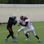 Lohja Lionsin Sami Martikainen (oik.) teki Malmi Blazea vastaan joukkueensa ensimmäisen ja kolmanne touchdownin.
Kuva: Timo Jansson